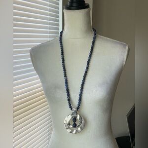 Vintage Chico's Faux Lapis Bead Necklace With Sterling Silver Hammered Pendant